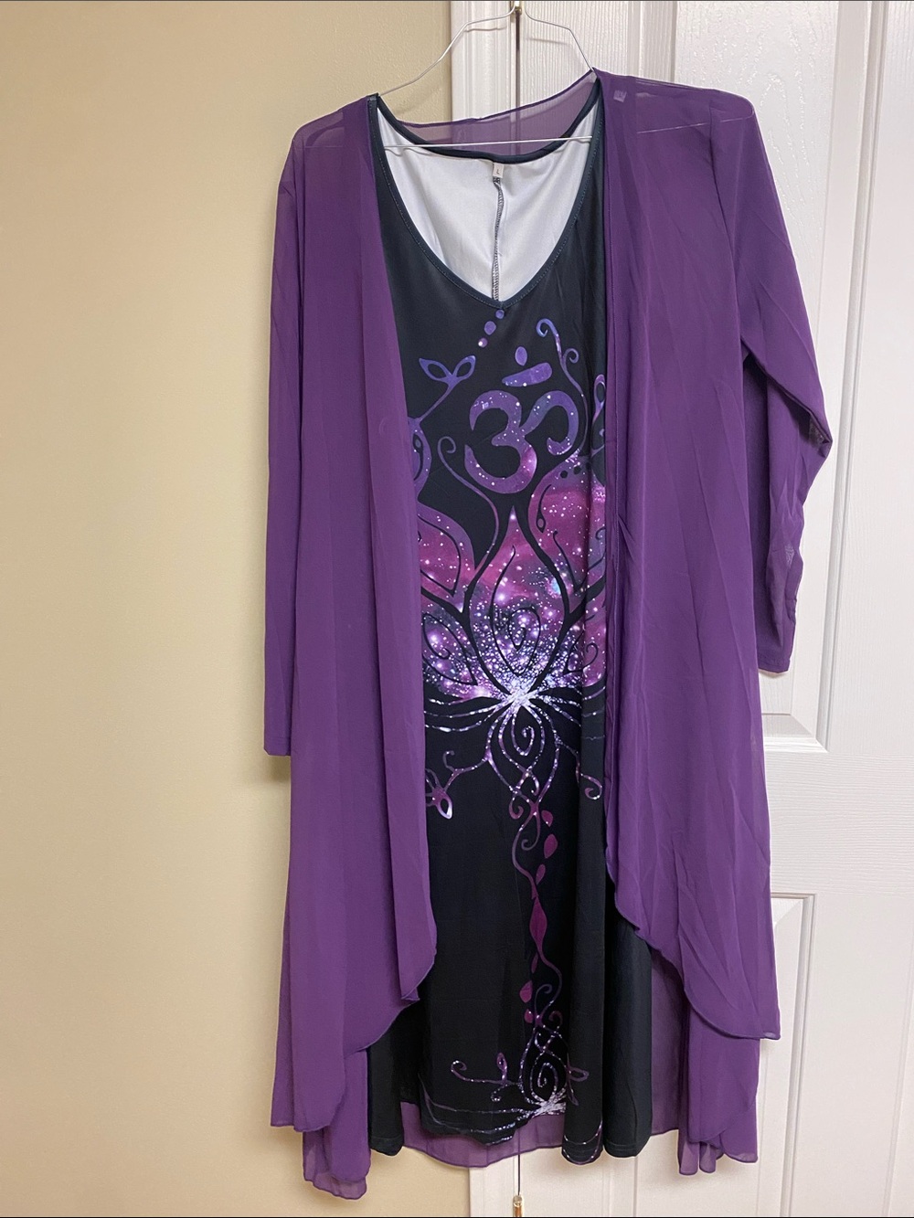 Purple Layered Floral Graphic Dress with Draped Cardigan